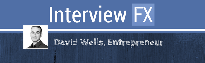 A banner for 'Interview FX' featuring a small portrait of a man labeled 'David Wells, Entrepreneur' on a blue textured background.