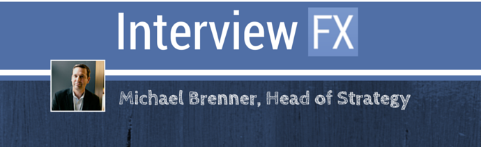 Banner for Interview FX featuring Michael Brenner, Head of Strategy, with a dark blue background and the company's name in a lighter blue stripe.