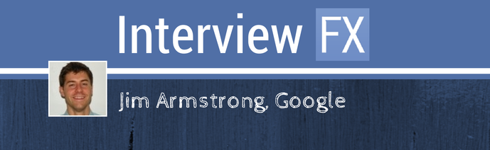 A banner with a blue gradient background and the text 'Interview FX' at the top. Below is a photo of a smiling man with the name 'Jim Armstrong, Google' beside it.