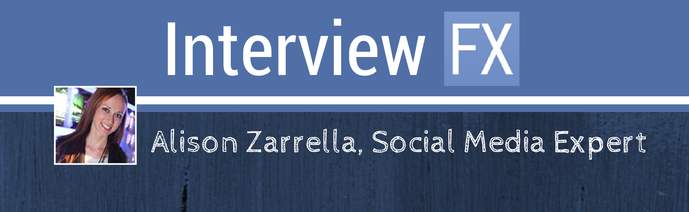 Banner with blue textured background featuring the text 'Interview FX' and a profile picture of a smiling woman with the text 'Alison Zarrella, Social Media Expert' beside it.