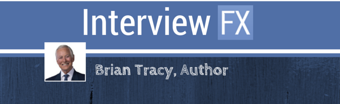 Banner for Interview FX featuring a portrait of Brian Tracy, labeled as an author, on a textured blue background.