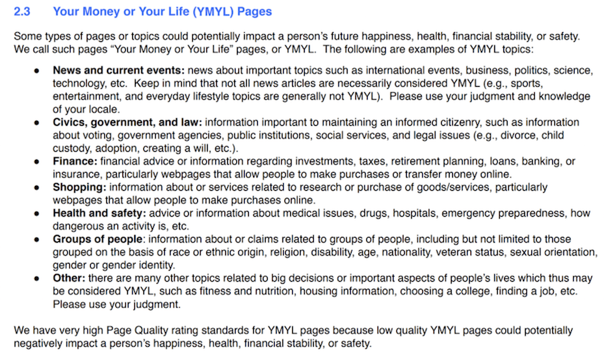 YMYL examples from the QRG