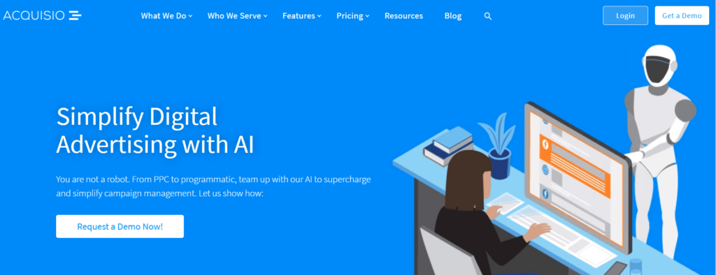 Illustration of a woman working on a computer with assistance from a humanoid robot, with text 'Simplify Digital Advertising with AI' and a 'Request a Demo Now!' button, on a blue background.