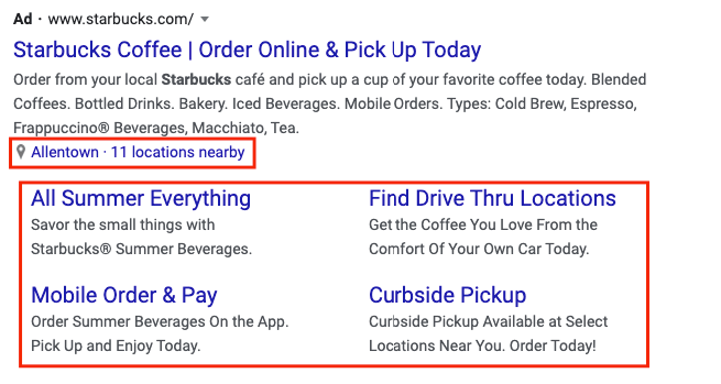 Ad extensions from a Starbucks ad