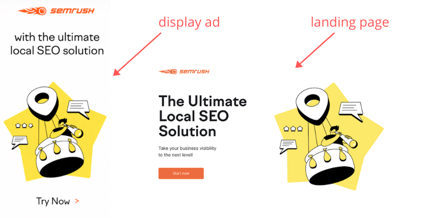 SEMrush display ad and landing page with similar design and copy