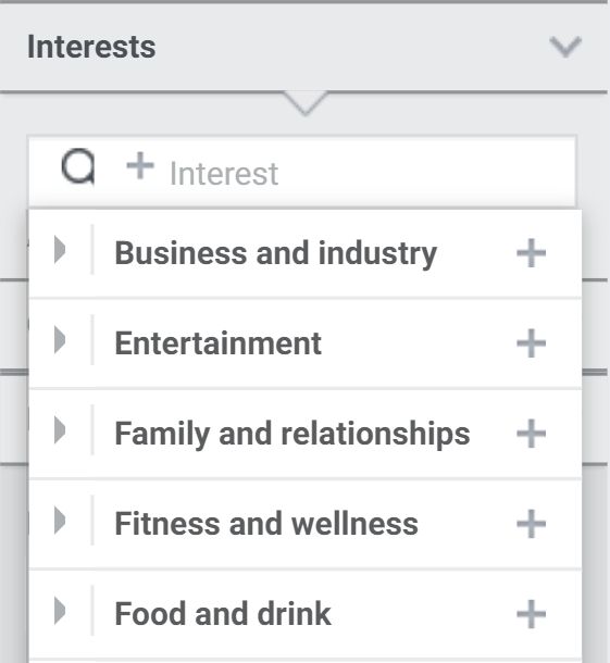 List of Interest filters on Facebook Insights