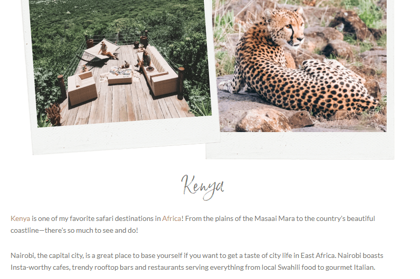 Two photographs, one depicting people relaxing on a wooden deck in a natural setting, and the other showing a cheetah resting on a rock, with text below about Kenya being a great safari destination and Nairobi's city life.