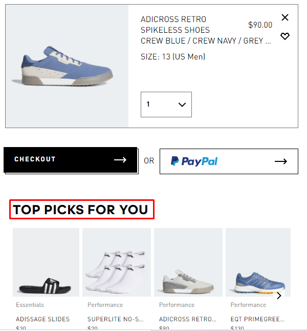 Example of product recommendations. Checkout page highlighting the "top picks for you" heading in the cart.