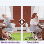 Advertisement for Gwynnie Bee clothing subscription service showing two women in different settings, one working and one applying makeup, with promotional text offering a 30-day free trial and no-commitment subscription.