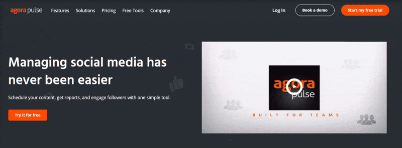 The homepage of the social media scheduler, "Agora Pulse"