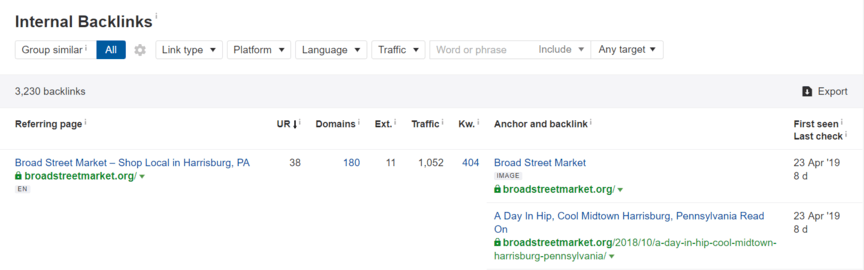 A screenshot of Ahrefs internal backlinks report