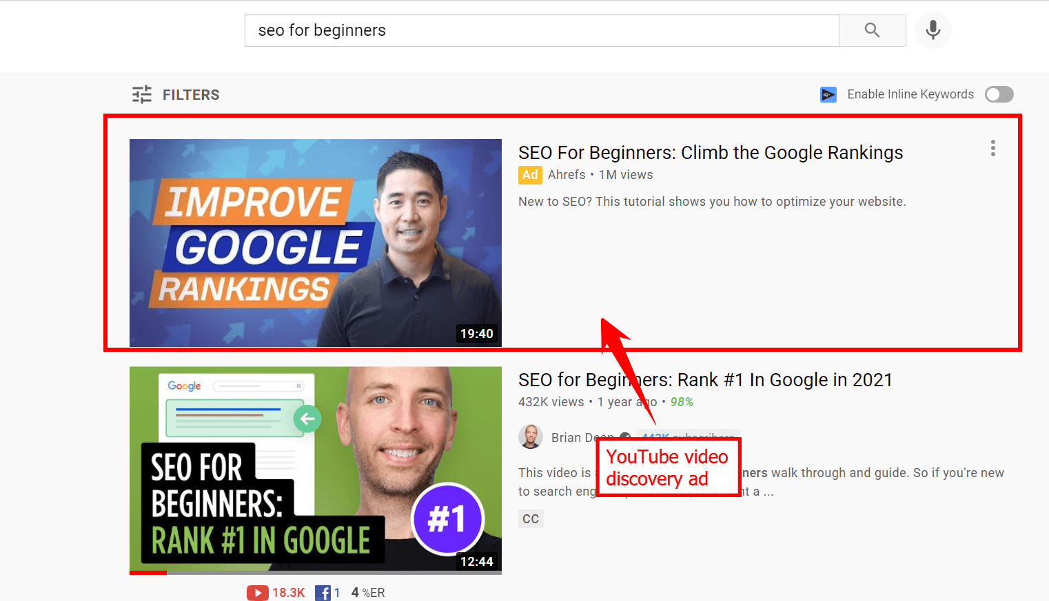 A YouTube video discovery ad in the search results featuring a video by Ahrefs on the topic of SEO