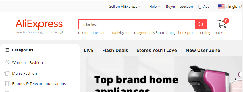 Homepage for Ali Express