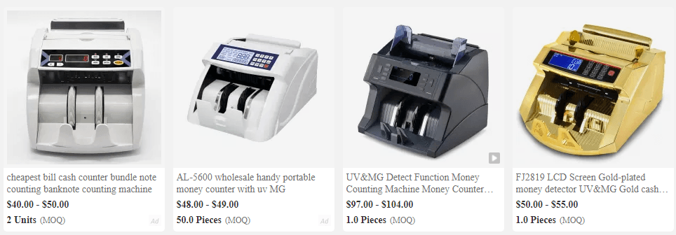 Product listings for money counter from Alibaba