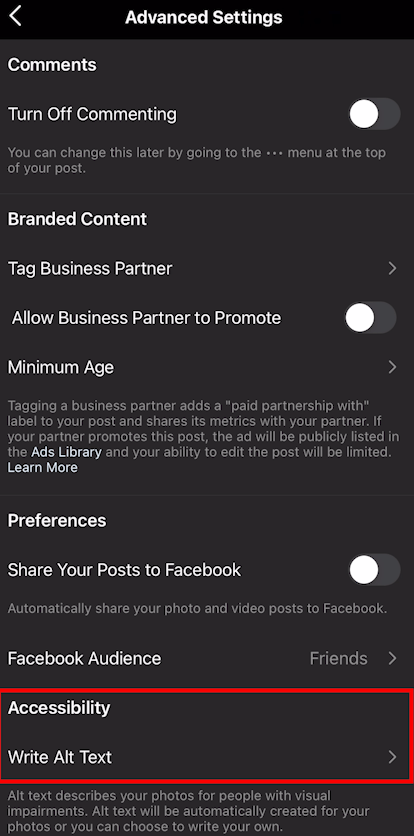 Alt text in the Instagram settings