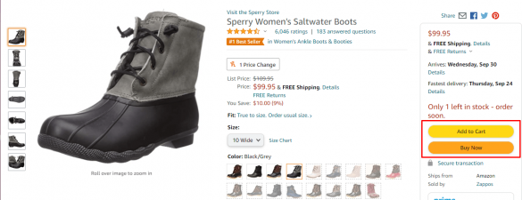 Screenshot of Sperry Women's Saltwater Boots in Black/Grey on an online store with a 4.5-star rating, priced at $99.95, marked down from $130.00, with size 10 Wide available and an option to add to cart or buy now.