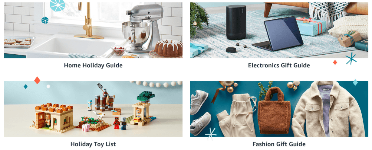 Gift Guides for home holiday, electronic gifts, holiday toys, and fashion gifts categories.