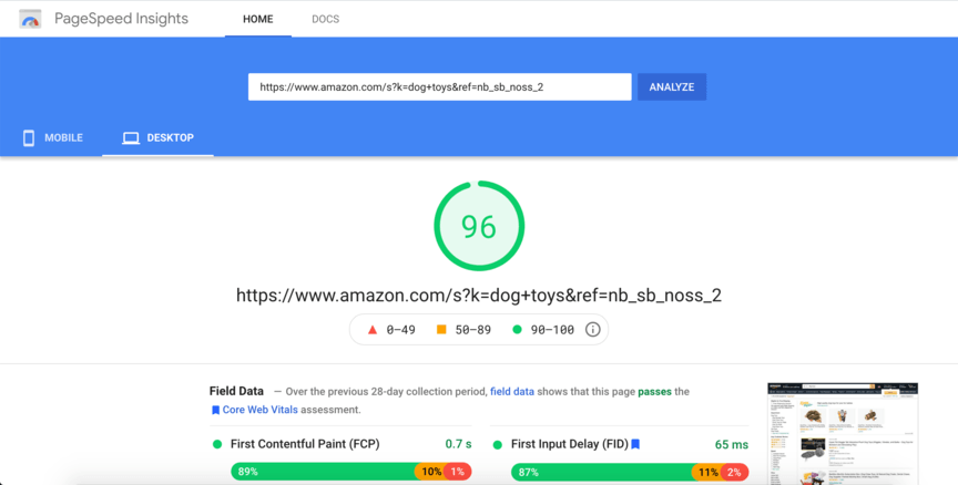 Google PageSpeed Insights with the speed result of the Amazon website