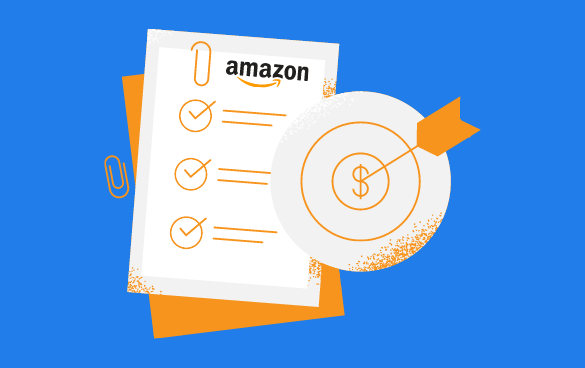 A clipboard with a checklist featuring the Amazon logo and a magnifying glass focusing on a target with a dollar sign, symbolizing financial goals or budgeting for Amazon.