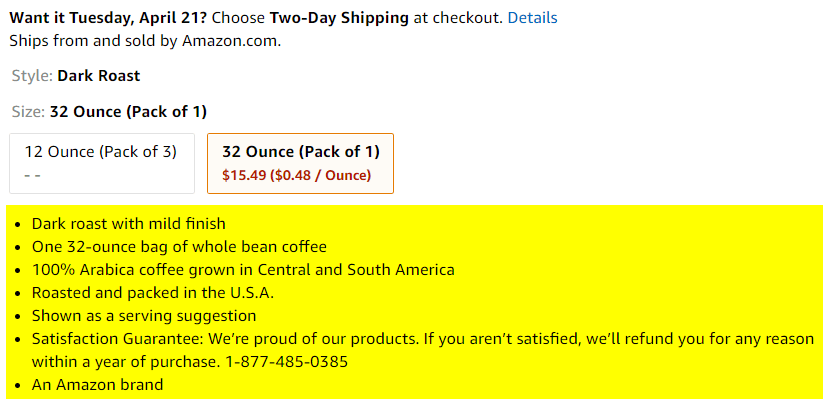 Amazon product features example