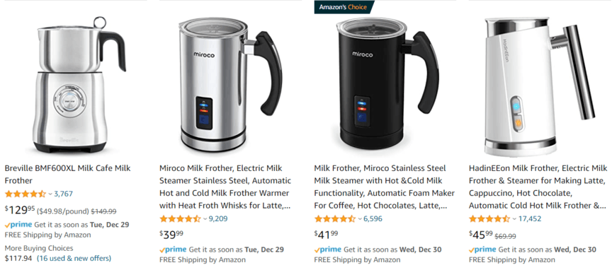 Amazon search results for milk steamer