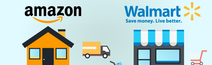 Illustration comparing Amazon and Walmart services, with Amazon's home delivery on the left and Walmart's physical store and shopping cart on the right.