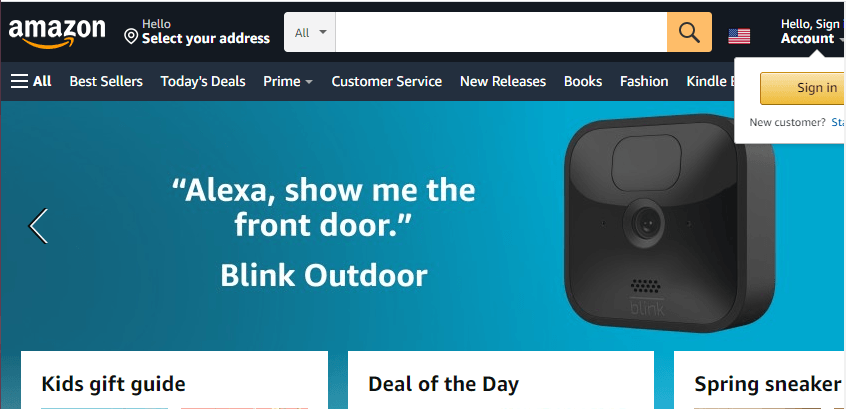 Homepage of Amazon's website