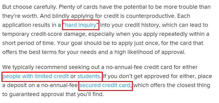 Screenshot of a text passage advising on credit card applications, highlighting the impact of hard inquiries on credit scores and recommending no-annual-fee credit cards for people with limited credit or students, with a secured credit card as a fallback option.