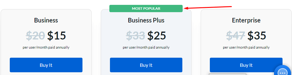 Green button on a page listing pricing for packages of software