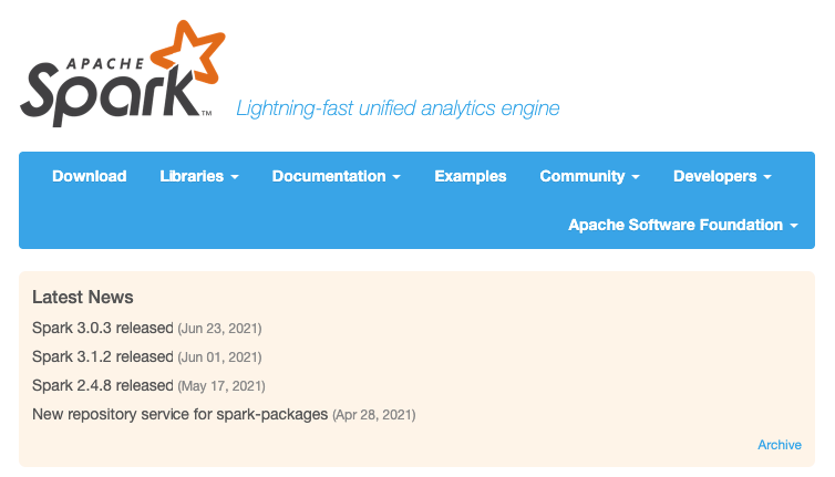 Homepage for data analysis tool Apache Spark