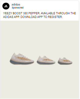 Advertisement for YEEZY BOOST 380 PEPPER sneakers showing four identical shoes in a row against a light background with text promoting availability through the Adidas app.