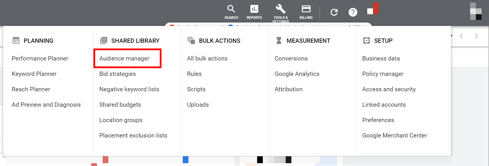 Google Ads Audience Manager menu