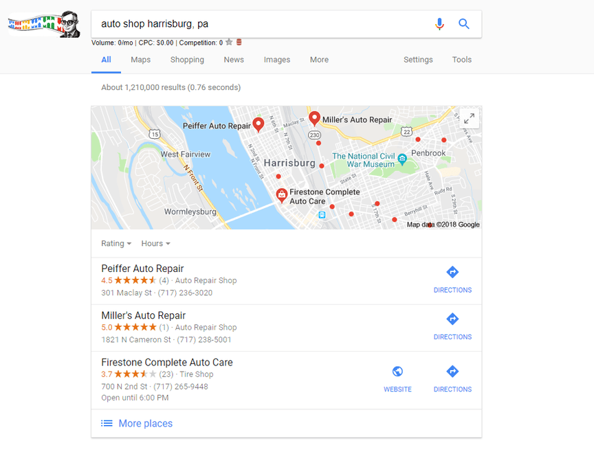 Como fazer SEO local de sucesso e alcançar novos clientes 1 Pesquisa do Google por oficinas de automóveis em Harrisburg