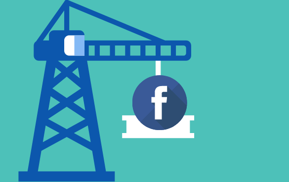 Illustration of a construction crane lifting a large Facebook 'f' logo.