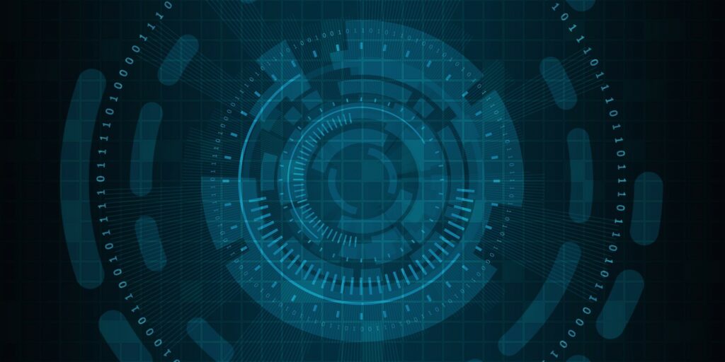 Digital fingerprint with high-tech circular interface elements and binary code in shades of blue, symbolizing digital security or technology.