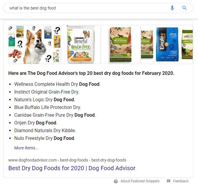 best dog food google answer box