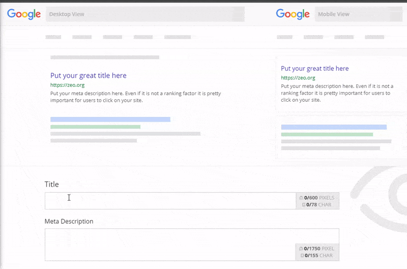 Screenshot of a Google search result preview tool showing how a webpage title and meta description would appear in desktop and mobile views, with input fields for customizing the title and meta description.