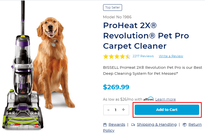 Golden retriever next to a BISSELL ProHeat 2X Revolution Pet Pro Carpet Cleaner with a price tag of $269.99, customer ratings, and an 'Add to Cart' button.