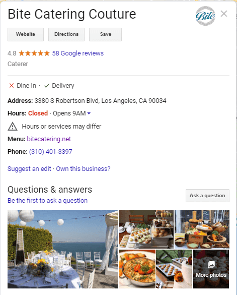 bite catering google example