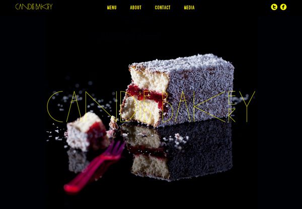A screenshot of a black web design named Candied Bakery