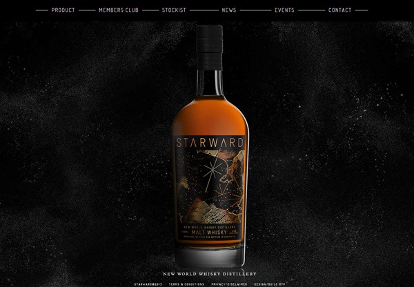 A screenshot of a black web design named Starward Whisky