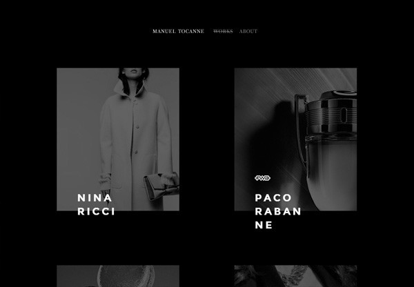 A screenshot of a black web design named Manuel Tocanne