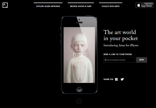 A screenshot of a black web design named Artsy iPhone App
