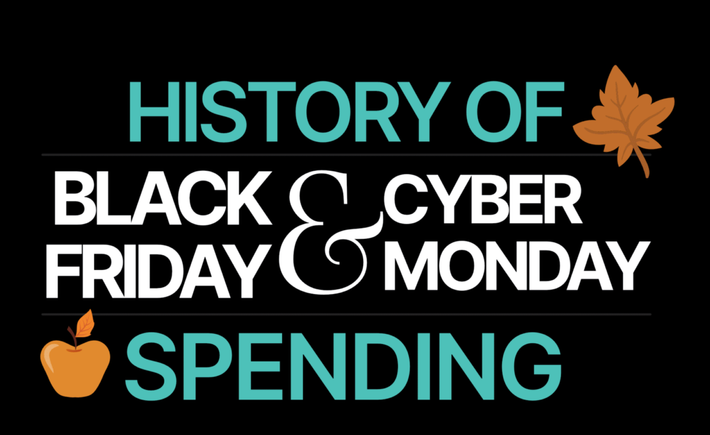 Text 'HISTORY OF BLACK FRIDAY & CYBER MONDAY SPENDING' with a maple leaf and an apple as decorative elements.