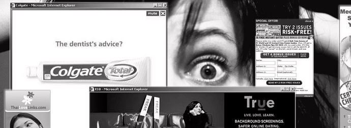 A cluttered computer screen with multiple overlapping browser windows, including a Colgate toothpaste ad, a close-up of a surprised woman's eye, a thoughtful woman, and a dating service ad.