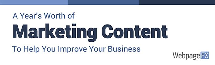 Banner with the text 'A Year's Worth of Marketing Content' and 'To Help You Improve Your Business' with the WebpageFX logo in the bottom right corner.