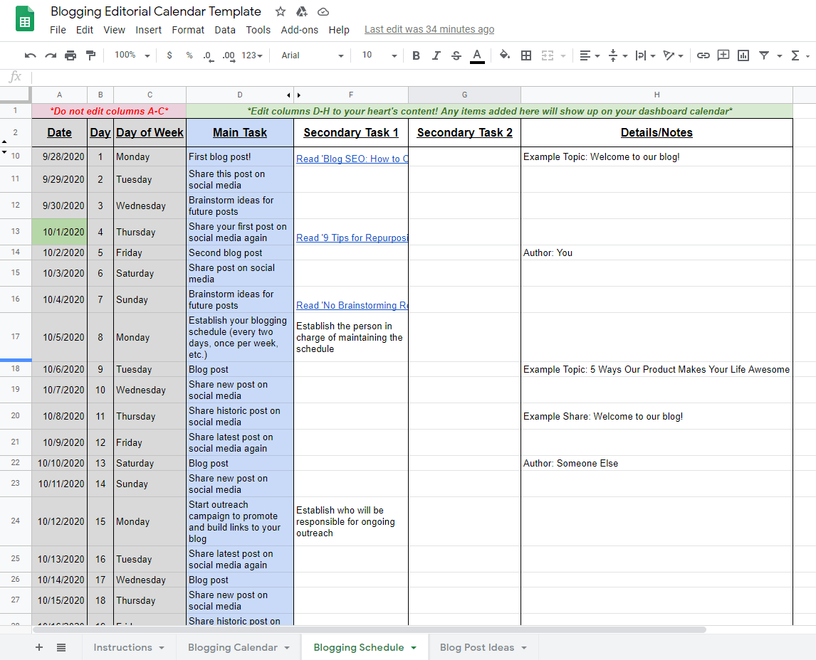 editable blogging schedule