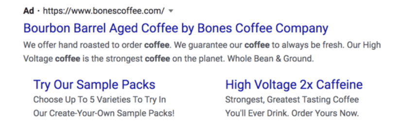 Bones Coffee barrel-aged search ad