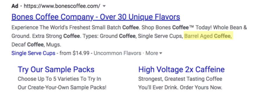 Bones Coffee Google search ad