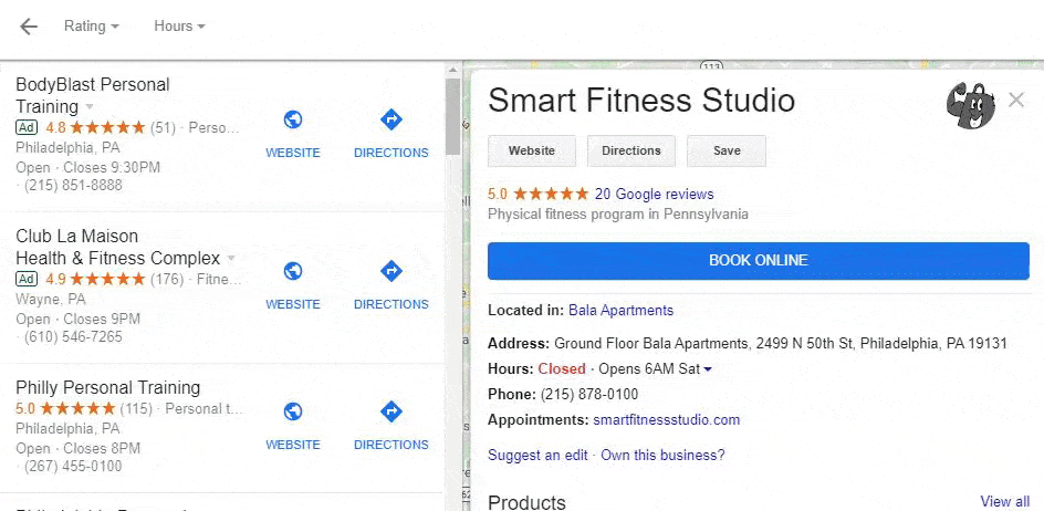 Screenshot of Google search results for fitness programs, highlighting Smart Fitness Studio with a 5-star rating and options to book online.